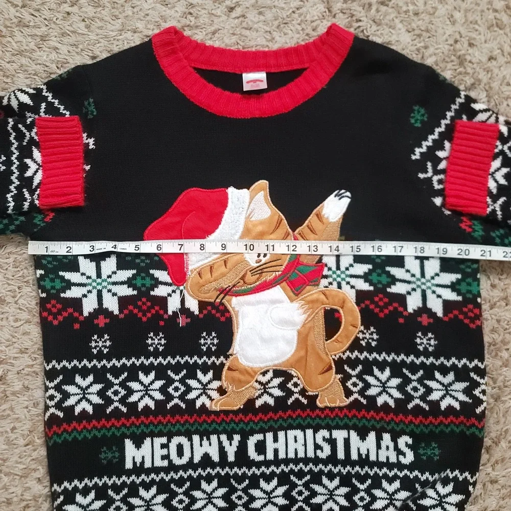 Holiday Time Ugly Christmas‎ Sweater XL 14-16 Husky Black Meowy Christmas Cat